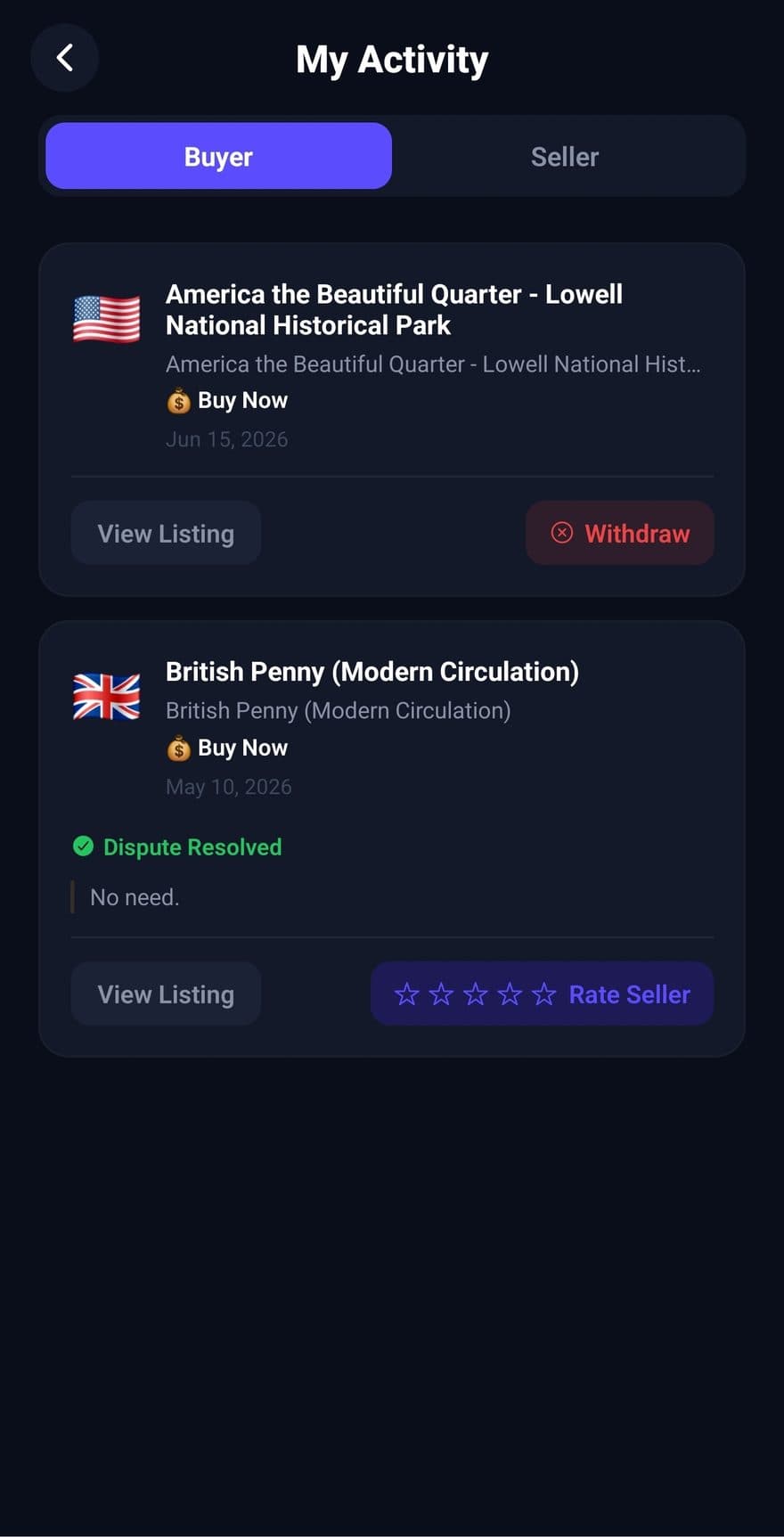 Aurent buyer activity with purchases and dispute resolution