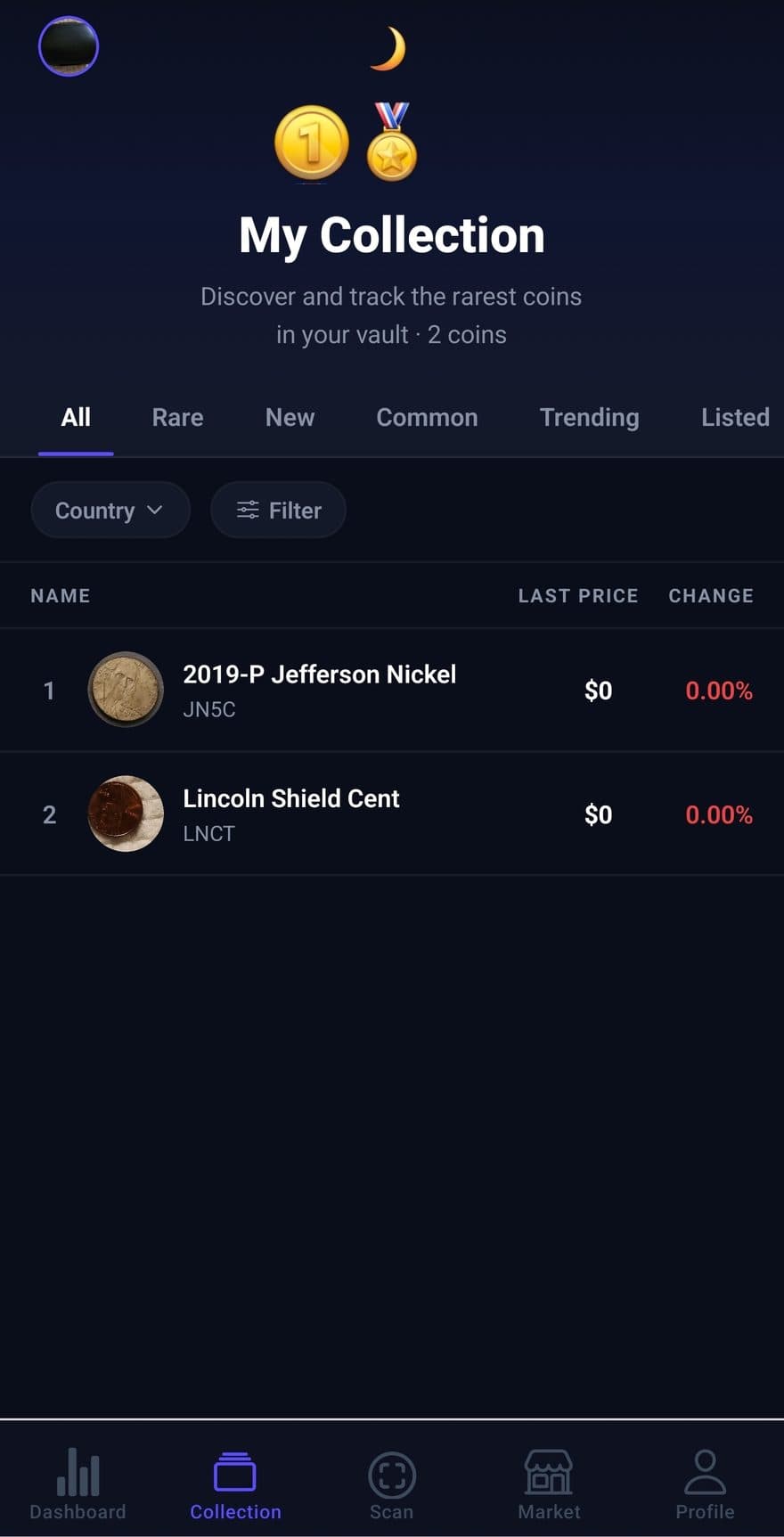 Aurent collection screen tracking coins in a vault